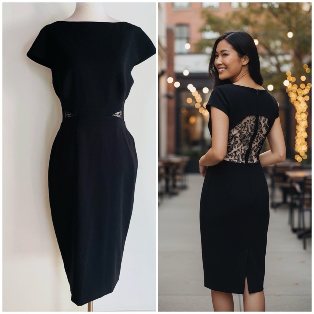 Lela Rose Floral-Embroidered Lace Tulle Yoke Fitted Sheath Black Cocktail Dress